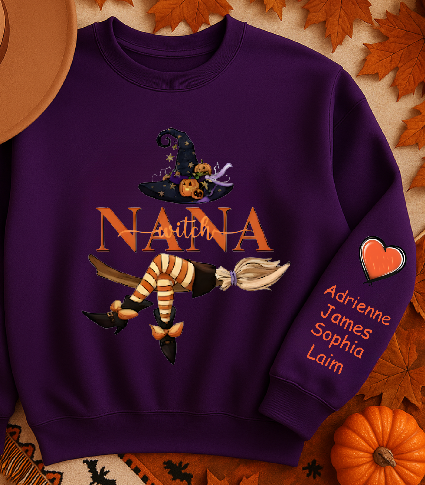Personalized Nana Witch Life Halloween Sweatshirt with Heart and Grandchildren's Names
