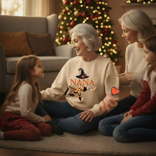 Personalized Nana Witch Life Halloween Sweatshirt with Heart and Grandchildren's Names