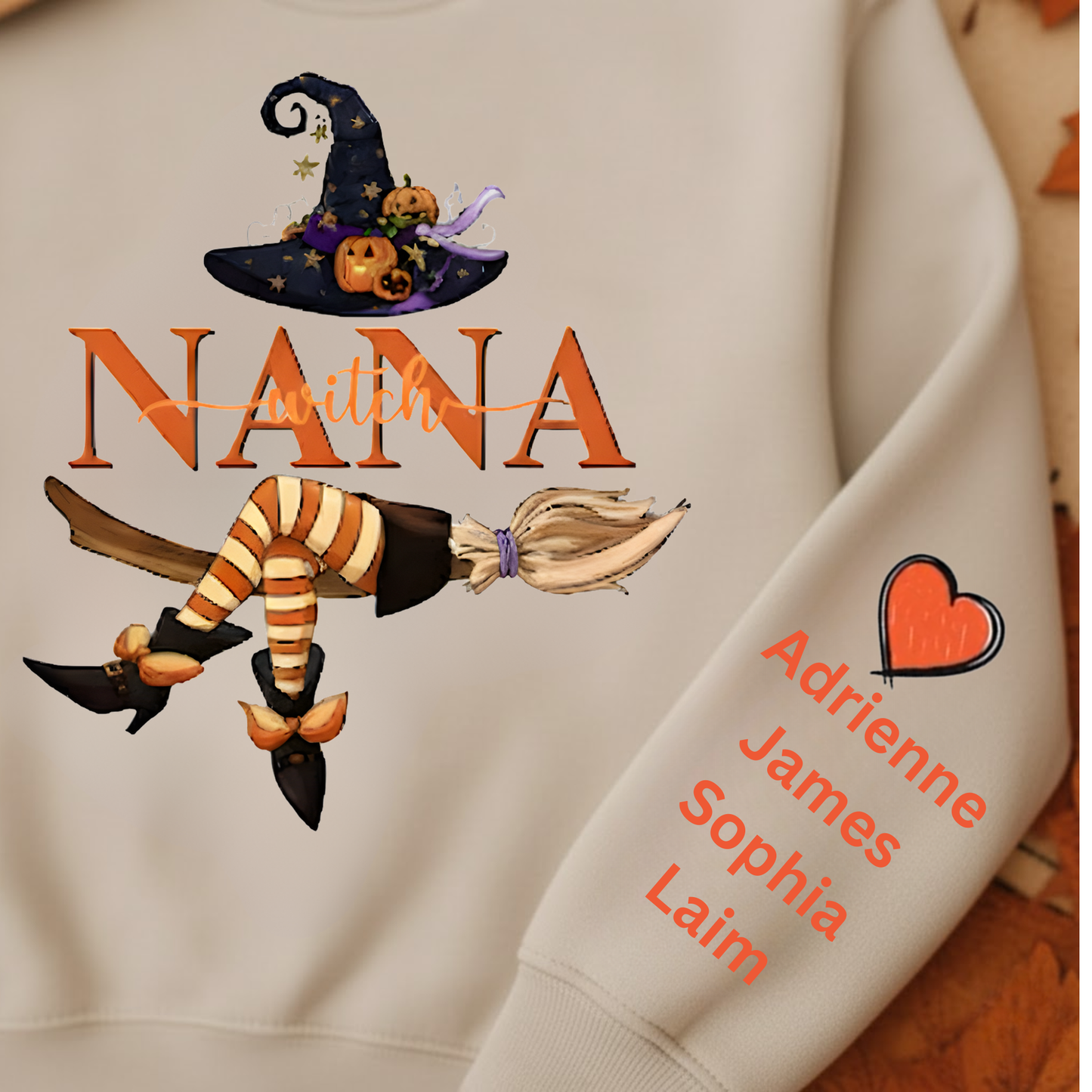 Personalized Nana Witch Life Halloween Sweatshirt with Heart and Grandchildren's Names