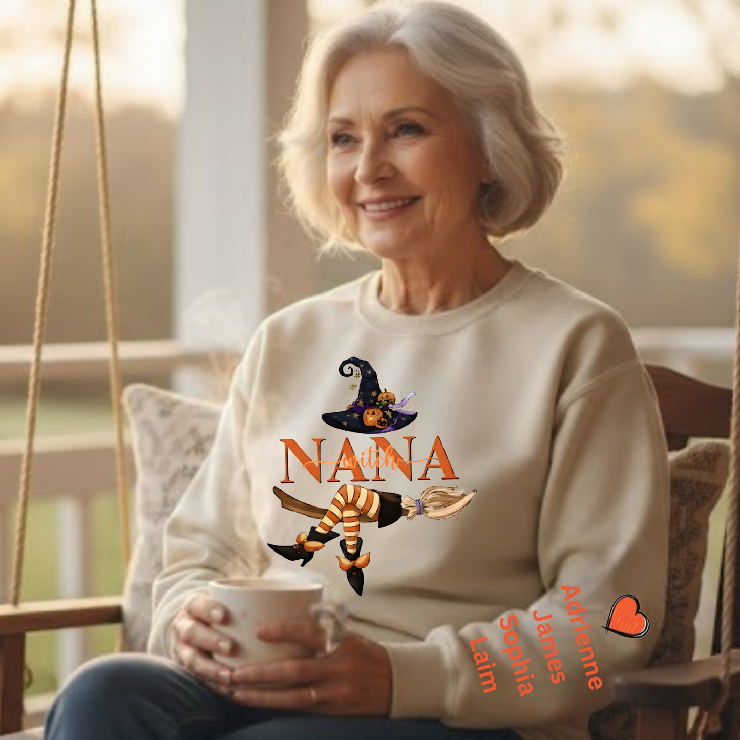 Personalized Nana Witch Life Halloween Sweatshirt with Heart and Grandchildren's Names